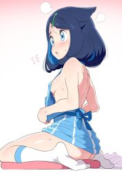 Rule 34 | 1girl, apron, ass, bare back, bare shoulders, blue apron, blue eyes, blue hair, blush, breasts, child, covered erect nipples, creatures (company), from behind, game freak, gradient background, highres, kneeling, liko (pokemon), looking to the side, multicolored hair, naked apron, nintendo, no panties, open mouth, pink background, pokemon, pokemon (anime), pokemon horizons, shiny skin, short hair, sideboob, sitting, small breasts, socks, solo, sweat, tottotonero, two-tone hair, wariza, white background, white socks