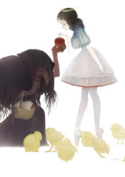 Rule 34 | 2girls, absurdres, apple, bird, chick, chicken, fingernails, food, fruit, gothic lolita, grimm&#039;s fairy tales, highres, holding, holding food, holding fruit, lolita fashion, long fingernails, matayoshi, multiple girls, nail, old, old woman, pantyhose, snow white, snow white (grimm), snow white and the seven dwarfs, white pantyhose, witch, worm