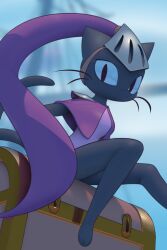 Rule 34 | 1girl, absurdres, animal ears, armor, bare legs, blue sclera, blurry, blurry background, capelet, cat ears, cat girl, cat tail, colored sclera, fantasy, female focus, forehead protector, furry, furry female, highres, inkune, original, plume, purple capelet, shoulder armor, sitting, slit pupils, solo, tail, treasure chest, whiskers