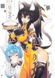 Rule 34 | 2girls, animal ear fluff, animal ears, arm belt, bamboo steamer, baozi, bare shoulders, belt buckle, black hair, black legwear, black leotard, blue eyes, blue hair, breasts, buckle, cat ears, cat tail, china dress, chinese clothes, chromatic aberration, cleavage, cleavage cutout, clothing cutout, commentary, covered navel, dress, eating, elbow gloves, fang, fingerless gloves, food, frilled legwear, frills, gauntlets, gears, gloves, gold trim, green eyes, hair between eyes, hair ornament, hand on own hip, holding, holding food, holding tray, large breasts, leotard, looking at viewer, mamuru, multiple girls, navel cutout, one eye closed, open mouth, original, ponytail, ribbon, short eyebrows, side slit, sidelocks, sleeveless, sleeveless dress, slit pupils, small breasts, smile, tail, thick eyebrows, thighhighs, tray, yellow dress, yellow ribbon