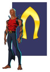 Rule 34 | 1boy, aqualad, arm tattoo, barefoot, belt, blonde hair, bodysuit, closed mouth, dark-skinned male, dark skin, dc comics, gills, highres, jerome-k-moore, looking at viewer, resolution mismatch, source larger, superhero costume, tattoo, webbed hands, young justice