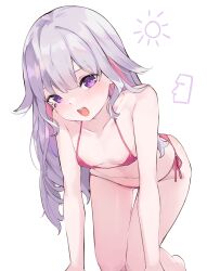 Rule 34 | 1girl, :d, absurdres, all fours, bare shoulders, bikini, breasts, collarbone, highres, hololive, hololive english, koseki bijou, long hair, looking at viewer, micro bikini, namiorii, navel, open mouth, purple eyes, purple hair, side-tie bikini bottom, simple background, small breasts, smile, solo, swimsuit, virtual youtuber, white background