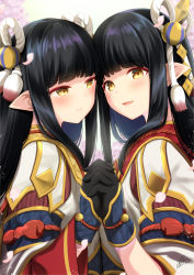 Rule 34 | 2girls, :d, azuma yuki, black gloves, black hair, blush, brown eyes, closed mouth, commentary request, gloves, hair ornament, holding hands, hand up, highres, hinoa, interlocked fingers, japanese clothes, kimono, long hair, minoto, monster hunter (series), monster hunter rise, multiple girls, open mouth, pointy ears, siblings, sisters, smile, twins, upper body, white kimono, wide sleeves