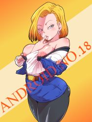 Rule 34 | 1girl, android 18, areola slip, bare shoulders, belt, blonde hair, blue skirt, blush, bob cut, breasts, character name, cowboy shot, dragon ball, dragonball z, earrings, gradient background, hoop earrings, jacket, jewelry, large breasts, legs, looking at viewer, naughty face, nipple slip, nipples, no bra, off shoulder, open clothes, open jacket, pantyhose, raglan sleeves, rickert kai, saliva, short hair, simple background, skirt, solo, standing, teasing, thighs, tongue, tongue out, white eyes