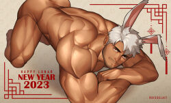 Rule 34 | 1boy, 2023, all fours, animal ears, bara, beard, chinese new year, chinese zodiac, completely nude, dark-skinned male, dark skin, facial hair, happy new year, highres, large pectorals, male focus, mature male, muscular, muscular male, mustache, new year, nude, original, pectorals, rabbit ears, red eyes, ruisselait, short hair, sideburns, smile, solo, stubble, thick eyebrows, thick thighs, thighs, white hair, year of the rabbit