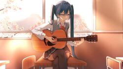 Rule 34 | 1girl, acoustic guitar, backlighting, black skirt, black thighhighs, blue eyes, blue nails, blurry, cherry blossoms, collared shirt, crypton future media, depth of field, desk, guitar, hatsune miku, instrument, interior, light rays, long hair, looking at object, music, on desk, open mouth, playing instrument, pleated skirt, red ribbon, reirou (chokoonnpu), ribbon, school uniform, shirt, sitting, on desk, skirt, solo, sunbeam, sunlight, sweater vest, thighhighs, twintails, very long hair, vocaloid
