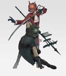 Rule 34 | 1boy, 1girl, absurdres, black cat, cat, cat mask, coat, fox mask, highres, holding, holding sword, holding weapon, improvised weapon, lies of p, mask, non-web source, red fox, sword, weapon, white background
