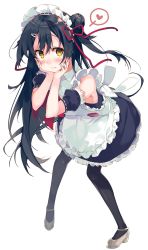 Rule 34 | 1girl, apron, bare shoulders, black dress, black hair, black thighhighs, blush, closed mouth, detached sleeves, dress, embarrassed, frilled apron, frilled dress, frills, grey footwear, grey hair, hair bun, hair ornament, hair ribbon, hairclip, hands on own face, highres, hisaka hazara, long hair, looking at viewer, maid, maid apron, maid headdress, multicolored hair, puffy detached sleeves, puffy short sleeves, puffy sleeves, red ribbon, ribbon, short sleeves, single hair bun, thighhighs, two-tone hair, white apron, white background, yellow eyes
