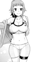 Rule 34 | 1girl, bike shorts, breasts, cameltoe, cleavage, cleft of venus, covered erect nipples, gundam, gundam build fighters, hoshino fumina, legs, looking at viewer, midriff, monochrome, navel, ponytail, smile, sports bra, tamagoroo, thighs, toned