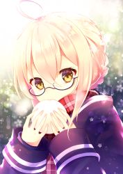 Rule 34 | 1girl, ahoge, artoria pendragon (all), artoria pendragon (fate), baozi, black-framed eyewear, blonde hair, breath, commentary, eating, fate/grand order, fate (series), food, glasses, hair between eyes, highres, holding, holding food, long sleeves, looking at viewer, mysterious heroine x alter (fate), mysterious heroine x alter (first ascension) (fate), nanohana kohina, outdoors, plaid, plaid scarf, red scarf, saber (fate), scarf, semi-rimless eyewear, short hair with long locks, sidelocks, snow, solo, under-rim eyewear, upper body, yellow eyes