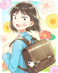 Rule 34 | 1girl, :d, absurdres, backpack, bag, blush, border, brown bag, brown eyes, brown hair, commentary request, flower, green jacket, highres, holding strap, iwakura mitsumi, jacket, looking at viewer, medium hair, multicolored background, open mouth, pe cippe, skip to loafer, smile, solo, tongue, upper body, white border