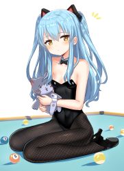 Rule 34 | 1girl, animal ears, ball, bare shoulders, billiard ball, billiards, black bow, black bowtie, black footwear, black leotard, black pantyhose, blue hair, blush, bow, bowtie, breasts, brown eyes, cat ears, closed mouth, collar, collarbone, commentary request, detached collar, eiyuu densetsu, falcom, fishnet pantyhose, fishnets, grey collar, hair between eyes, hajime kaname, high heels, highres, holding, holding stuffed toy, kittysuit, leotard, long hair, looking at viewer, nontraditional playboy bunny, notice lines, pantyhose, pool table, shoe soles, shoes, sitting, small breasts, solo, strapless, strapless leotard, stuffed animal, stuffed cat, stuffed toy, table, tio plato, very long hair, wariza, white background, wing collar, wrist cuffs, zero no kiseki
