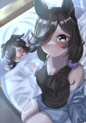 Rule 34 | alternate costume, alternate hairstyle, bed, black hair, breasts, casual, cleavage, commentary request, hair over one eye, highres, horse girl, horse tail, looking at viewer, medium breasts, mother and daughter, rice shower (umamusume), sitting, sleeping, smile, tail, umamusume, zen oekaki aka