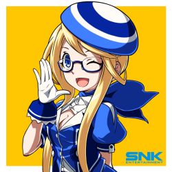 Rule 34 | 1girl, ;), arm behind back, ascot, beret, blonde hair, blue-framed eyewear, blue ascot, blue eyes, breasts, cleavage, enta girl, falcoon, glasses, gloves, hat, highres, logo, mascot, official art, one eye closed, semi-rimless eyewear, simple background, small breasts, smile, snk, solo, white gloves, wrist cuffs, yellow background