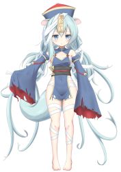Rule 34 | 1girl, animal ears, azur lane, bandaged leg, bandages, barefoot, blue dress, blue eyes, blue hair, blue hat, cherry right, commentary request, covered navel, detached sleeves, dress, feet, female focus, full body, hat, highres, jiangshi costume, legs, long hair, looking at viewer, low twintails, mikazuki (azur lane), mikazuki (sweet zombie) (azur lane), ofuda, simple background, sleeves past wrists, solo, squirrel ears, squirrel tail, tail, thighs, toes, torn clothes, twintails, very long hair, white background
