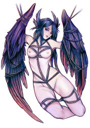 Rule 34 | 1girl, animal ears, bird ears, black feathers, black hair, black wings, blue eyes, breasts, commentary, feathered wings, feathers, harpy, highres, lips, long hair, looking at viewer, monster girl, nipples, nude, nymse, original, parted bangs, shibari, simple background, small breasts, solo, very long hair, white background, winged arms, wings