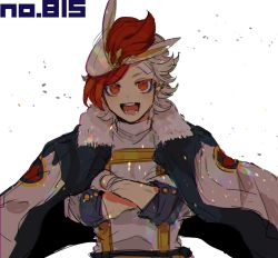 Rule 34 | 1boy, :d, cinderace, creatures (company), crossed arms, ear piercing, game freak, gen 8 pokemon, jacket, jacket on shoulders, long sleeves, looking at viewer, male focus, multicolored hair, nintendo, open mouth, personification, piercing, pokedex number, pokemon, red eyes, red hair, shioya (soooooolt), simple background, smile, standing, two-tone hair, upper body, white background, white hair