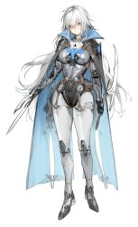 Rule 34 | 1girl, belt, blue cloak, blue eyes, bodysuit, breasts, brown belt, cloak, closed mouth, commentary, english commentary, full body, grey hair, hair between eyes, highres, holding, holding sword, holding weapon, long hair, looking at viewer, mechanical arms, mechanical legs, medium breasts, messy hair, original, sa&#039;yuki, simple background, smile, solo, standing, sword, weapon, white background
