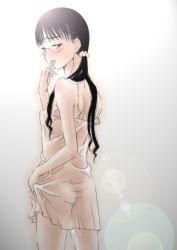 Rule 34 | 1girl, black hair, blush, breasts, covered erect nipples, glasses, gusu, long hair, looking back, monochrome, original, pink theme, pussy juice, see-through, sepia, small breasts, solo