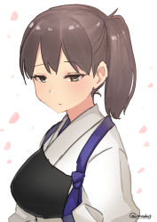 Rule 34 | 1girl, brown eyes, brown hair, cherry blossoms, expressionless, highres, japanese clothes, kaga (kancolle), kantai collection, long hair, looking at viewer, masukuza j, muneate, petals, side ponytail, simple background, solo, tasuki, twitter username, upper body, white background