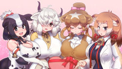 Rule 34 | 4girls, :d, ahoge, animal ears, animal print, asymmetrical docking, bare shoulders, bell, black eyes, black hair, bow, box, breast press, breasts, brown eyes, brown hair, cleavage, closed eyes, closed mouth, colored inner hair, cow ears, cow print, deep skin, dress, elbow gloves, extra ears, facing viewer, gift, gift box, gloves, grey hair, guernsey cattle (kemono friends), hair bow, hair over one eye, hair ribbon, hair rings, hand in pocket, heart-shaped box, highres, holding, holding gift, holstein friesian cattle (kemono friends), huge breasts, incoming gift, jersey cattle (kemono friends), kemono friends, lab coat, long bangs, long hair, long sleeves, looking at viewer, medium hair, mo23, multicolored hair, multiple girls, neck ribbon, open mouth, outstretched arm, parted lips, ribbon, short sleeves, side-by-side, sidelocks, skindentation, sleeveless, sleeveless dress, smile, sweater, twintails, upper body, valentine, very long hair, white hair, yak (kemono friends)