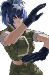 Rule 34 | 1girl, black gloves, blue eyes, blue hair, earrings, gloves, green jacket, highres, jacket, jewelry, leona heidern, military, military uniform, oni gini, ponytail, simple background, solo, suspenders, the king of fighters, the king of fighters xv, triangle earrings, uniform, white background