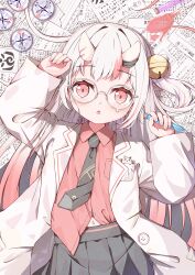 Rule 34 | 1girl, absurdres, alternate costume, bell, black necktie, black skirt, blush, commentary request, glasses, gradient hair, grey hair, hair bell, hair ornament, highres, holding, holding test tube, hololive, horns, jingle bell, kyouwashi, lab coat, lapels, long hair, looking at viewer, lying, multicolored hair, nakiri ayame, necktie, notched lapels, on back, open mouth, pleated skirt, red eyes, red hair, red shirt, shirt, skin-covered horns, skirt, solo, streaked hair, teardrop-framed glasses, test tube, two side up, virtual youtuber