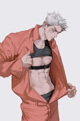 Rule 34 | 1boy, abs, absurdres, belt, blue eyes, blush, cowboy shot, crop top, ear blush, eyebrow cut, grey hair, hand up, highres, jumpsuit, korean commentary, long sleeves, looking at viewer, male focus, muscular, muscular male, navel, nipples, open clothes, or0loi, orange jumpsuit, original, profile, revealing clothes, scar, scar across eye, scar on hand, short hair, simple background, solo, tank top, white hair