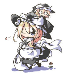 Rule 34 | 2girls, aoblue, blonde hair, blue eyes, chibi, female focus, flower, hat, heart, highres, kirisame marisa, mini person, minigirl, multiple girls, o o, one eye closed, plant, simple background, skirt, solo, touhou, white background, wink, witch, witch hat