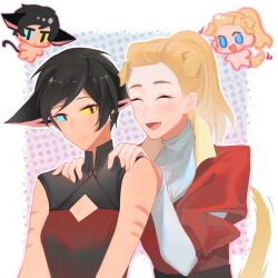 2girls adora_(she-ra) animal_ears black_hair blonde_hair cat_ears cat_girl cat_tail catra chibi chibi_inset dog_ears dog_girl dog_tail hands_on_another&#039;s_shoulders heterochromia highres masters_of_the_universe multiple_girls pompadour ponytail she-ra_and_the_princesses_of_power short_hair sleeveless smile striped_skin tail youliqy yuri