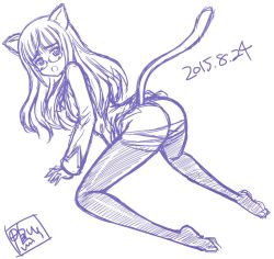 Rule 34 | 1girl, 2015, :o, all fours, animal ears, ass, blush, butt crack, cat ears, cat tail, dated, glasses, kamogawa tanuki, long hair, long sleeves, looking back, military, military uniform, monochrome, pantyhose, perrine h. clostermann, purple theme, signature, sketch, solo, strike witches, tail, torn clothes, torn pantyhose, uniform, world witches series