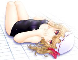 Rule 34 | 1girl, bare legs, bare shoulders, blonde hair, breasts, flandre scarlet, hand on own chest, hand to own mouth, looking at viewer, lying, on back, one-piece swimsuit, red eyes, school swimsuit, short hair, shounen (hogehoge), side ponytail, small breasts, solo, swimsuit, touhou, upside-down