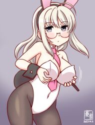 Rule 34 | 1girl, ahoge, animal ears, artist logo, between breasts, blue eyes, bow, bowtie, breasts, cleavage, covered navel, cowboy shot, detached collar, fake animal ears, fake tail, glasses, grabbing own breast, gradient background, grey background, grey hair, heywood l. edwards (kancolle), highleg, highleg leotard, kanon (kurogane knights), kantai collection, leotard, long hair, looking at viewer, medium breasts, necktie, necktie between breasts, one-hour drawing challenge, pantyhose, playboy bunny, rabbit ears, rabbit tail, solo, strapless, strapless leotard, tail, traditional bowtie, white leotard, wrist cuffs