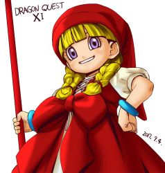Rule 34 | 1girl, blonde hair, bracelet, braid, dragon quest, dragon quest xi, hair over shoulder, haruyama kazunori, hat, jewelry, long hair, looking at viewer, puffy sleeves, purple eyes, red hat, simple background, smile, solo, twin braids, veronica (dq11), white background
