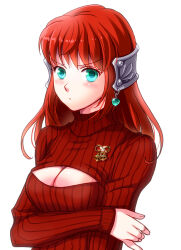 Rule 34 | 1girl, blush, breasts, cleavage, closed mouth, green eyes, hair ornament, jewelry, long hair, looking at viewer, maronee san, medium breasts, meme attire, open-chest sweater, primiera (saga), red hair, red sweater, ribbed sweater, saga, saga frontier 2, simple background, solo, sweater, turtleneck, turtleneck sweater, virgin killer sweater, white background
