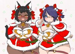 2girls a-maki_tasuke animal_ears black_hair blue_eyes bow breasts choker christmas cleavage dark-skinned_female dark_skin detached_sleeves dress earrings facial_mark fur-trimmed_dress fur-trimmed_sleeves fur_collar fur_trim glasses hair_bow hands_on_own_hips heart_o-ring jewelry large_breasts multiple_girls necklace o-ring o-ring_thigh_strap one_eye_closed open_mouth orange_eyes original plump pointy_ears purple_hair santa_capelet santa_dress short_dress short_hair smile standing star_(symbol) star_necklace tail thick_thighs thigh_gap thigh_strap thighs whisker_markings wide_hips wink