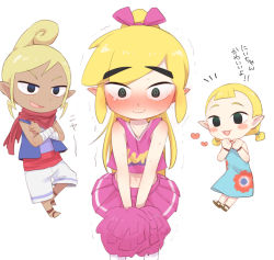 Rule 34 | 1boy, 2girls, @ @, alternate costume, artist request, aryll, bandages, black eyes, blonde hair, blue dress, blue vest, blush, blush stickers, body blush, bow, brown footwear, cheerleader, cheerleader link, closed mouth, collarbone, crop top, crossdressing, crossed arms, dark-skinned female, dark skin, dress, ear blush, embarrassed, eyebrows, floral print, hair bow, heart, holding, holding pom poms, link, long hair, looking at another, looking at viewer, low twintails, midriff, multiple girls, navel, nintendo, open clothes, open mouth, open vest, pink bow, pink skirt, pleated skirt, pointy ears, pom pom (cheerleading), pom poms, ponytail, red neckwear, sandals, sidelocks, simple background, skirt, sleeveless, smile, standing, sweat, tetra, the legend of zelda, the legend of zelda: the wind waker, the legend of zelda: tri force heroes, toon link, trap, trembling, twintails, vest, white background