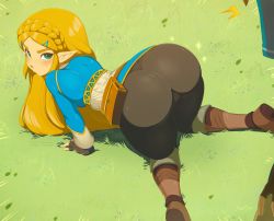 Rule 34 | 1boy, 1girl, all fours, ass, black gloves, black pants, blonde hair, blue shirt, blush, boots, braid, brown footwear, commentary, english commentary, eyebrows, fingerless gloves, from above, from behind, gloves, grass, green eyes, hair ornament, hairclip, highres, huge ass, knee boots, knees together feet apart, link, long hair, looking back, looking up, merunyaa, nintendo, on floor, on ground, pants, pointy ears, pouch, pout, princess zelda, revision, shirt, solo focus, the legend of zelda, the legend of zelda: breath of the wild, thick thighs, thighs, tight clothes, tight pants, wide hips