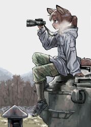 Rule 34 | 1girl, absurdres, animal ears, binoculars, boots, brown eyes, brown hair, closed mouth, forest, fox ears, fox girl, fox girl (yihan1949), fox tail, highres, holding, holding binoculars, military uniform, nature, original, ponytail, sitting, solo, steam from mouth, tail, uniform, winter clothes, yihan1949