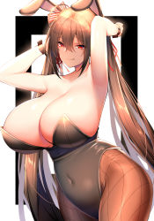 Rule 34 | 1girl, :q, absurdres, ahoge, animal ears, armpits, arms behind head, azur lane, bare shoulders, black leotard, breasts, brown hair, brown pantyhose, chixiao, cleavage, collarbone, commentary request, covered navel, fake animal ears, fishnet pantyhose, fishnets, hair between eyes, hair ribbon, highres, huge breasts, leotard, long hair, looking at viewer, pantyhose, playboy bunny, rabbit ears, red eyes, red ribbon, ribbon, smile, solo, strapless, strapless leotard, striped ribbon, taihou (azur lane), tongue, tongue out, twintails, very long hair, wrist cuffs