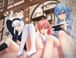 Rule 34 | 3girls, ?, absurdres, ahoge, animal ear fluff, animal ears, aqua hair, arm up, asakura (asa t77), bandaid on thigh, black hairband, black jacket, black socks, blue choker, blue hair, choker, closed eyes, colored inner hair, couch, crossed bangs, eyelashes, feet, feet out of frame, fox ears, fox girl, green eyes, grey hair, hair between eyes, hair ornament, hairband, handheld game console, highres, holding, holding handheld game console, hololive, hoshimachi suisei, hoshimachi suisei (school uniform), indoors, jacket, knees together feet apart, knees up, legs, long hair, long sleeves, looking down, medium hair, multicolored hair, multiple girls, nintendo switch, no shoes, official alternate costume, on couch, one side up, open mouth, over-kneehighs, partially unzipped, pink skirt, plaid, plaid skirt, playing games, pleated skirt, ribbed socks, sailor collar, sakura miko, sakura miko (school uniform), shirakami fubuki, shirakami fubuki (loungewear), shouji, sidelocks, sitting, skirt, sliding doors, socks, star (symbol), star in eye, symbol in eye, thighhighs, thighs, virtual youtuber, white skirt, white socks