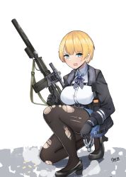 Rule 34 | 1girl, absurdres, black footwear, black jacket, blonde hair, blue eyes, bow, bowtie, breasts, brown pantyhose, collared shirt, commentary, english commentary, gar32, girls&#039; frontline, grey bow, grey bowtie, gun, highres, holding, holding gun, holding weapon, jacket, large breasts, long sleeves, looking at viewer, mole, mole under eye, on one knee, open mouth, pantyhose, rifle, shirt, shoes, short hair, signature, solo, torn clothes, torn pantyhose, vsk-94 (girls&#039; frontline), weapon, white background, wing collar