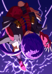 Rule 34 | 1girl, breasts, cleavage, cropped jacket, electricity, facing viewer, hair over eyes, high heels, highres, jacket, jewelry, kicking, large breasts, lightning, lips, long hair, long sleeves, open mouth, orochi shermie, pencil skirt, ponytail, purple hair, red jacket, red skirt, revision, shermie (kof), skirt, solo, the king of fighters, yagi2013