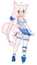 Rule 34 | ahoge, animal ear fluff, animal ears, ass, blue bow, blue footwear, blue skirt, blush, bow, bra, braid, bright pupils, closed mouth, commentary, commission, contrapposto, elbow gloves, english commentary, fox ears, fox tail, from behind, full body, gloves, green eyes, hair between eyes, hair bow, halphelt, high heels, highres, kneepits, long hair, looking at viewer, looking back, miniskirt, original, panties, pink hair, see-through, simple background, skirt, solo, standing, star (symbol), tail, tail raised, thighhighs, twin braids, underwear, very long hair, white background, white bra, white gloves, white panties, white pupils, white thighhighs