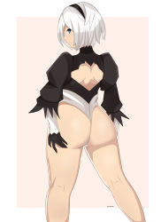 Rule 34 | 1girl, android, artist request, ass, ass grab, blue eyes, blush, deep skin, from behind, gloves, hairband, highres, leotard, looking at viewer, looking back, mole, mole under mouth, nier (series), nier:automata, shiny skin, short hair, smile, solo, thong, thong leotard, white hair, 2b (nier:automata)