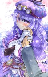 Rule 34 | 1boy, 1girl, belt, black ribbon, breasts, capelet, closed mouth, flower knight girl, goggles, goggles on headwear, hat, hat ribbon, hetero, highres, komota (kanyou shoujo), large breasts, long hair, looking at viewer, pov, pov hands, purple capelet, purple eyes, purple hair, purple headwear, ribbon, smile, streptocarpus (flower knight girl)