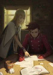 Rule 34 | 2boys, blonde hair, blue eyes, book, bracelet, brown eyes, brown hair, crumpled paper, cup, gloves, highres, jacket, jewelry, kazuko (towa), lloyd irving, long hair, mithos yggdrasill, mug, multiple boys, plant, pointing, potted plant, red gloves, red jacket, robe, studying, sweatdrop, tales of (series), tales of symphonia, white robe