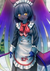 Rule 34 | 1girl, alternate costume, black hair, black skin, blue skin, cellien (kemono friends), cellval, colored skin, commentary, enmaided, frills, hair between eyes, highres, japari symbol, kemono friends, long sleeves, looking at viewer, maid, maid headdress, multicolored skin, open mouth, outdoors, red neckwear, signature, solo, tail, welt (kinsei koutenkyoku), wings, yellow eyes