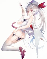 Rule 34 | 1girl, ass, azur lane, bandaid, bandaid on hand, bare shoulders, belt, black bra, black panties, bow, bra, breasts, butt crack, from behind, garter straps, grey background, hair bow, hat, heart, high heels, highres, looking at viewer, looking back, low wings, nurse cap, panties, panty pull, red bow, red eyes, small breasts, smile, solo, syringe, thighhighs, twintails, underwear, vampire (azur lane), vampire (little devil in white) (azur lane), white footwear, white hair, white hat, white thighhighs, wings, wristband, yatsuha (hachiyoh)