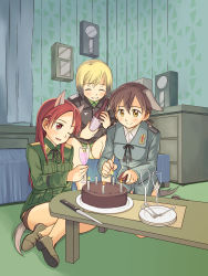 Rule 34 | 00s, 3girls, alcohol, animal ears, bad id, bad pixiv id, blonde hair, brown hair, cake, candle, erica hartmann, closed eyes, food, gertrud barkhorn, highres, knife, minna-dietlinde wilcke, multiple girls, niina ryou, one eye closed, pastry, red hair, strike witches, tail, wine, wink, world witches series